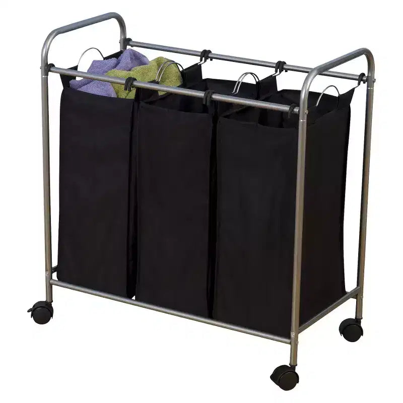 Cesta per la Biancheria con Rotelle Household Essentials a 3 Scomparti Removibili: Struttura in Acciaio, Smistatore Portatile, Argento