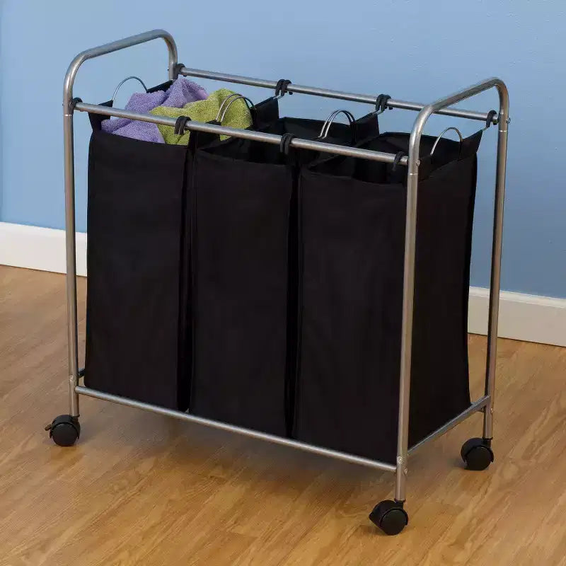 Cesta per la Biancheria con Rotelle Household Essentials a 3 Scomparti Removibili: Struttura in Acciaio, Smistatore Portatile, Argento
