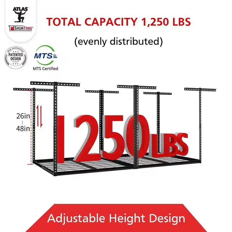 Shuntong 4'x8' Il portapacchi da garage a soffitto Atlas Pro Capacità di carico 1100 libbre Finitura martellata nera