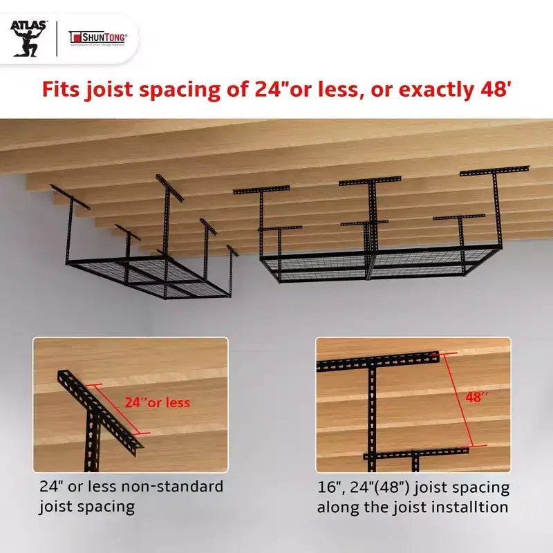 Shuntong 4'x8' Il portapacchi da garage a soffitto Atlas Pro Capacità di carico 1100 libbre Finitura martellata nera