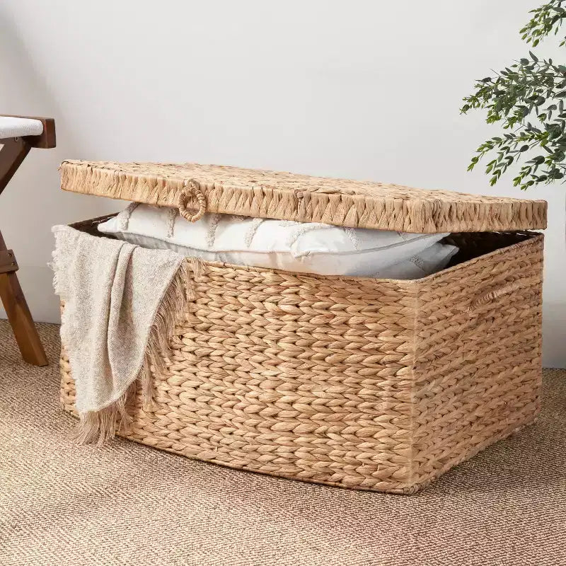 SOL HOME Baule Rettangolare in Giunco di Giacinto d'Acqua Ludmilla 26"x19"x14" Marrone Naturale: Contenitore, Telaio in Ferro