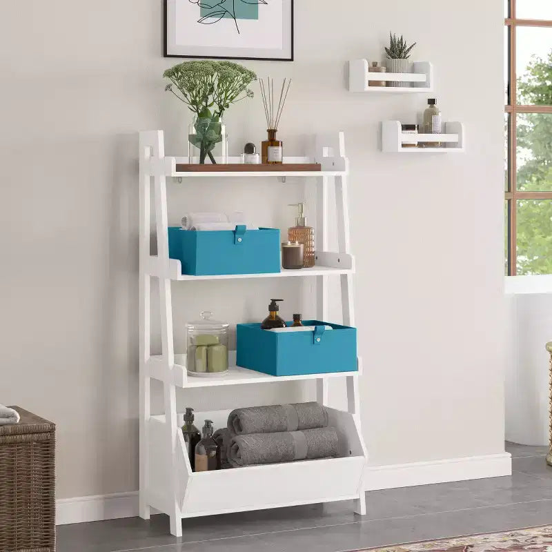 RiverRidge Amery, mensole a scaletta ed espositive a 4 livelli da 61 cm con contenitore organizer, bianche