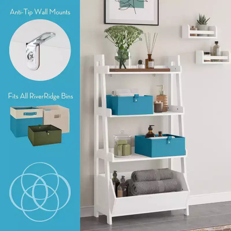 RiverRidge Amery, mensole a scaletta ed espositive a 4 livelli da 61 cm con contenitore organizer, bianche
