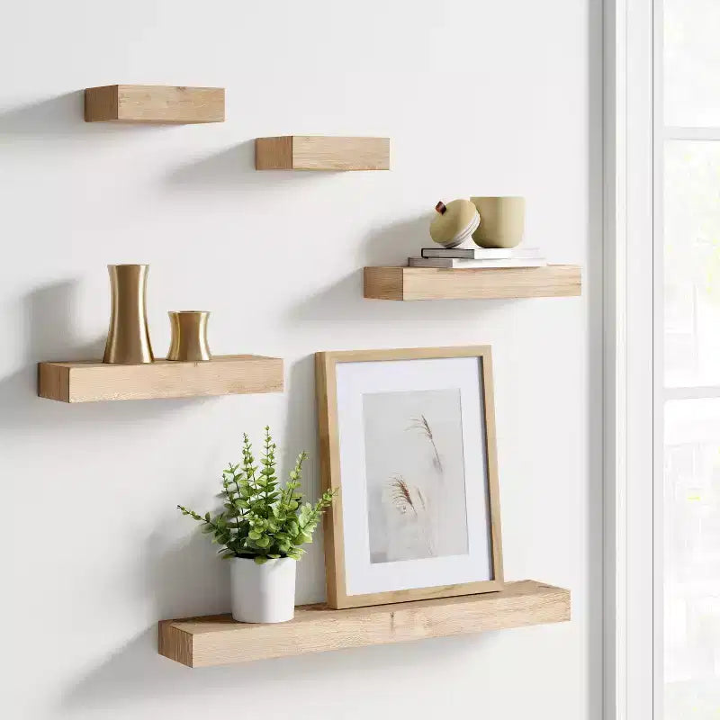 Set di 5 mensole a muro naturali - Threshold™: mensole galleggianti moderne in MDF, include l'hardware di montaggio