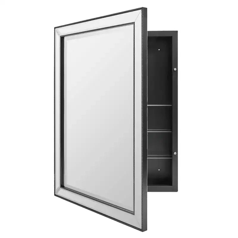 Mobiletto pensile "Head West" 22"x30" con specchio, elegante, nero spazzolato, stile moderno e con perline
