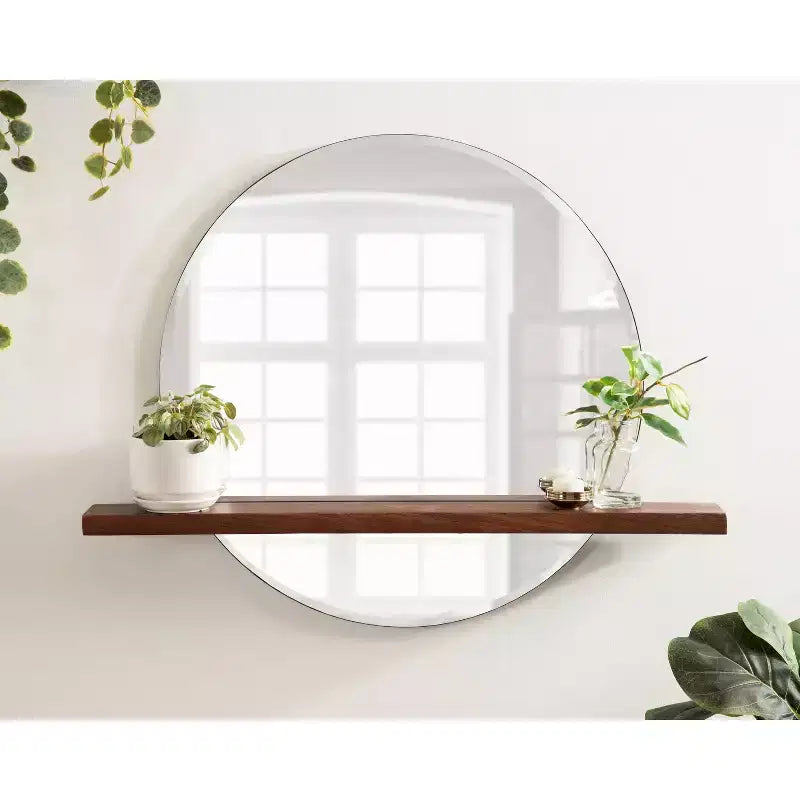 Specchio Fosset rotondo senza cornice con mensola noce scuro 30" x 24" - Kate & Laurel All Things Decor: bordo smussato chic, legno di mango