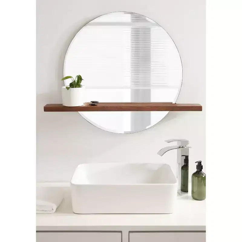 Specchio Fosset rotondo senza cornice con mensola noce scuro 30" x 24" - Kate & Laurel All Things Decor: bordo smussato chic, legno di mango