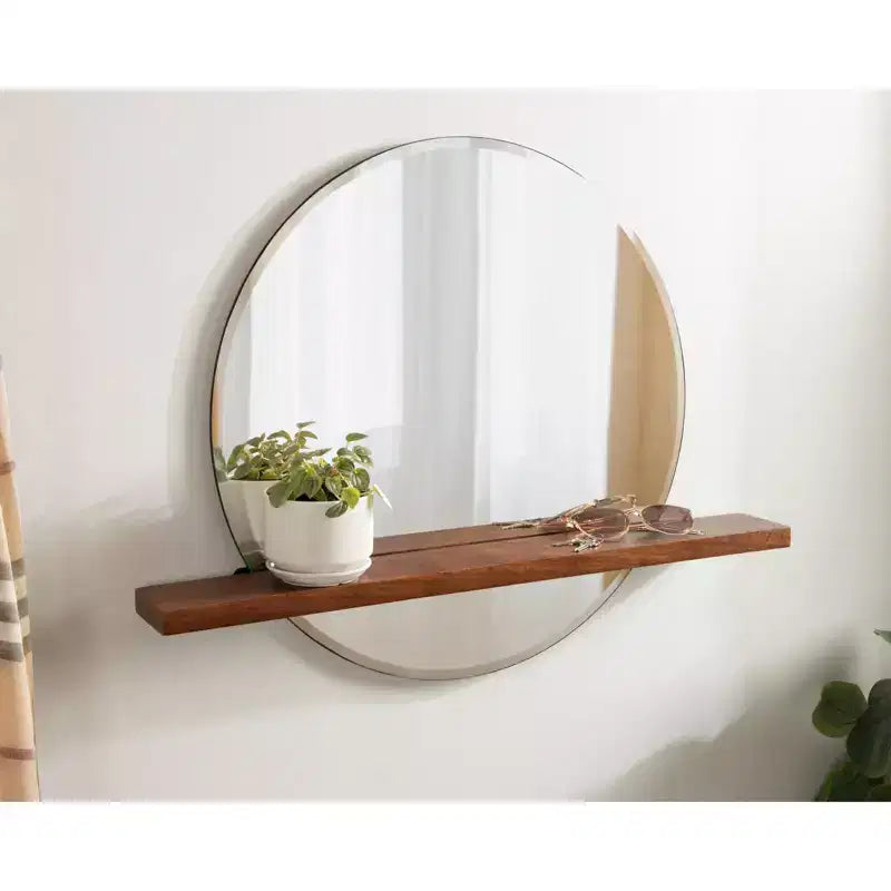 Specchio Fosset rotondo senza cornice con mensola noce scuro 30" x 24" - Kate & Laurel All Things Decor: bordo smussato chic, legno di mango