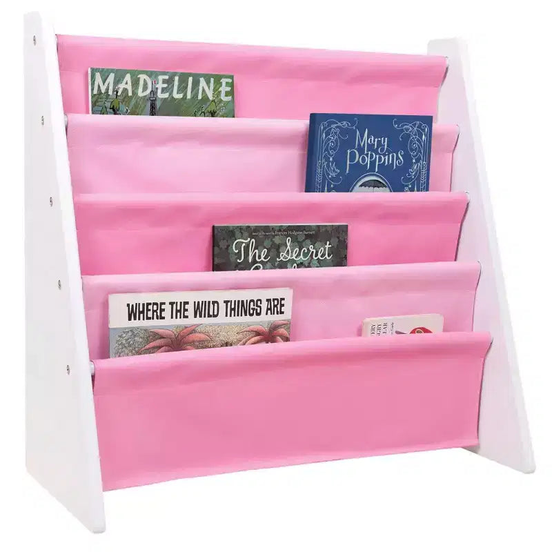 WildKin Vegan Leather Kids' Original Sling Bookshelf White Wood with Light Pink/Dark Pink: 4-Shelf MDF Book Rack, Ages 3-10