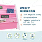 WildKin, Scaffale portagiochi originale in pelle vegana per bambini, legno bianco con rosa chiaro/rosa scuro: libreria in MDF a 4 ripiani, età 3-10 anni