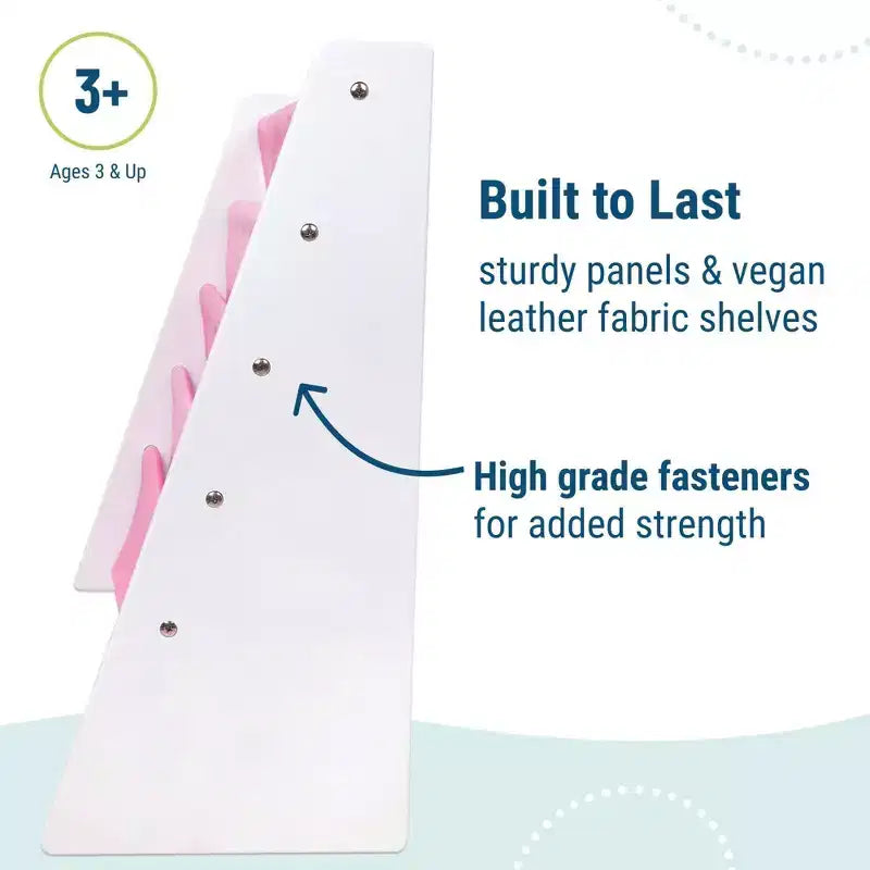 WildKin, Scaffale portagiochi originale in pelle vegana per bambini, legno bianco con rosa chiaro/rosa scuro: libreria in MDF a 4 ripiani, età 3-10 anni