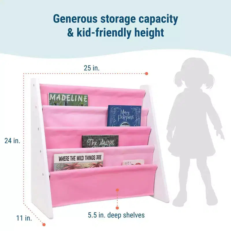 WildKin, Scaffale portagiochi originale in pelle vegana per bambini, legno bianco con rosa chiaro/rosa scuro: libreria in MDF a 4 ripiani, età 3-10 anni