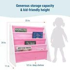 WildKin, Scaffale portagiochi originale in pelle vegana per bambini, legno bianco con rosa chiaro/rosa scuro: libreria in MDF a 4 ripiani, età 3-10 anni