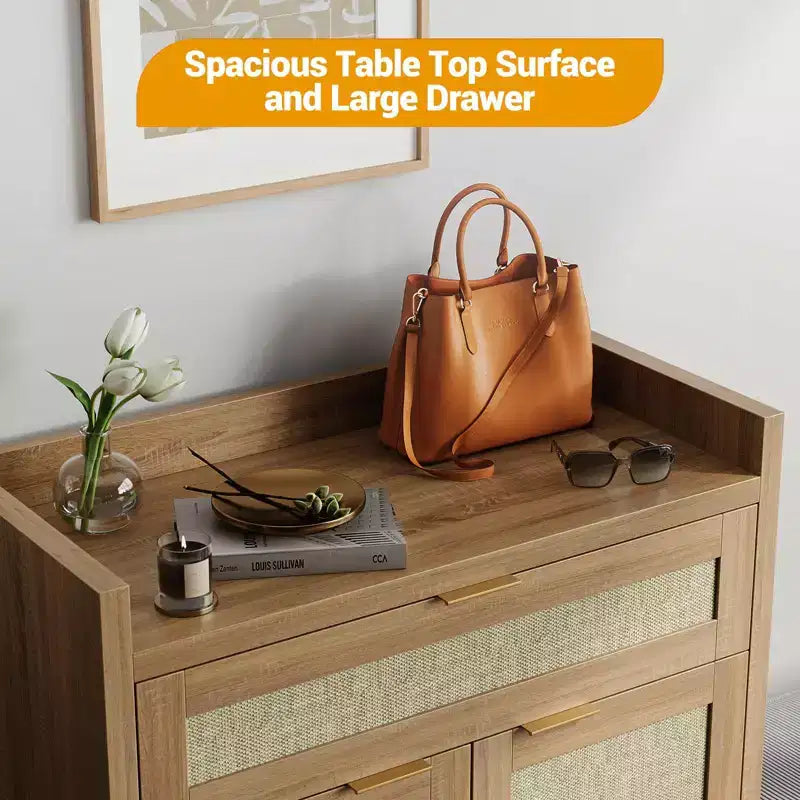Scarpiera, Mobile Contenitore in Legno con Ante e Cassetto, Credenza Rattan con Ripiano Regolabile