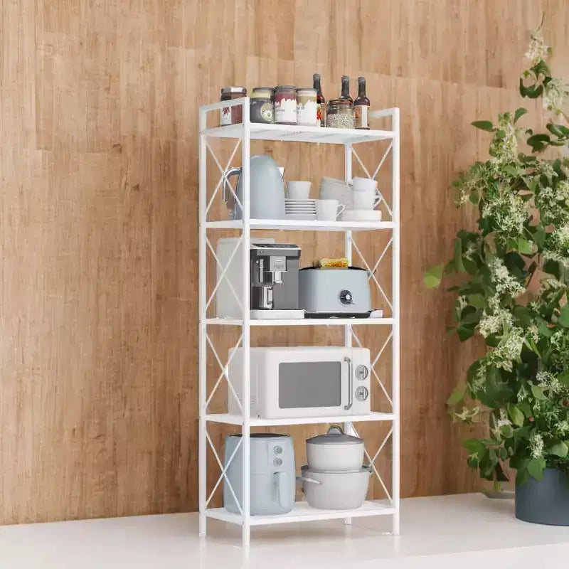 LEDREM Cloud White 5 - Tier Metal Storage Rack with X Side Frames and Dense Mesh.12.6 x 23.6 x 57.3 inches, it has an industrial style and is perfect