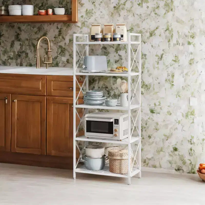 LEDREM Cloud White Scaffale Portaoggetti in Metallo a 5 Ripiani con Telaio Laterale a X e Rete Densa. 32 x 60 x 145,5 cm, ha uno stile industriale ed è perfetto