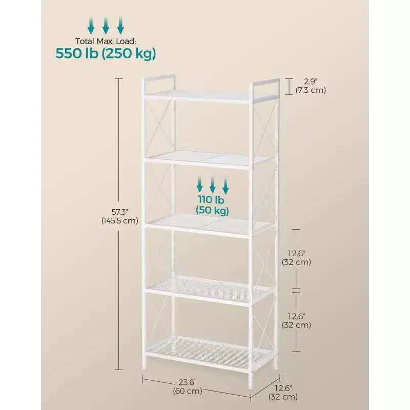LEDREM Cloud White Scaffale Portaoggetti in Metallo a 5 Ripiani con Telaio Laterale a X e Rete Densa. 32 x 60 x 145,5 cm, ha uno stile industriale ed è perfetto