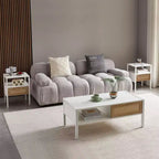 MAYEERTY Set di 2 tavolini in rattan, comodino moderno con cassetto, tavolino per soggiorno, camera da letto, bianco