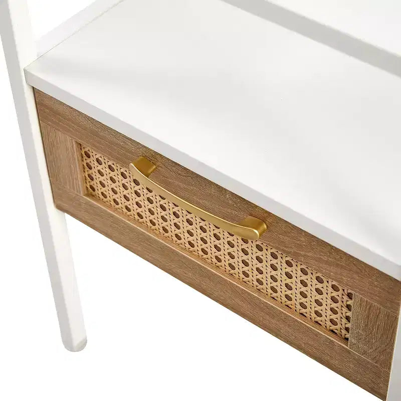 MAYEERTY Set di 2 tavolini in rattan, comodino moderno con cassetto, tavolino per soggiorno, camera da letto, bianco