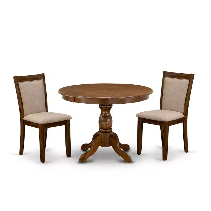 Set tavolo da pranzo rotondo HomeStock in noce antico e sedie in lino