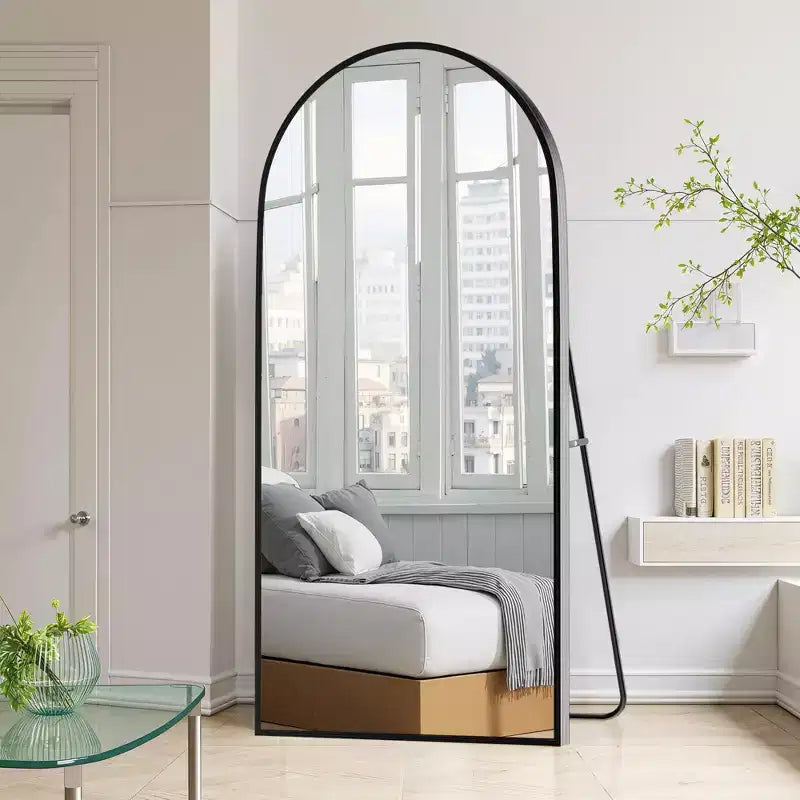 Specchio a figura intera ad arco con bordo sottile in lega di alluminio nero 180x96x1,5 cm (con staffa)