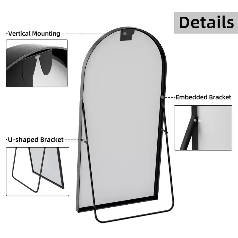 Specchio a figura intera ad arco con bordo sottile in lega di alluminio nero 180x96x1,5 cm (con staffa)