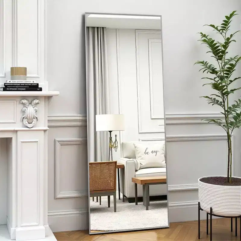 Specchio Rettangolare a Figura Intera con Bordo Sottile Argento in Lega di Alluminio, 163x54x1.5cm (Staffa Inclusa)