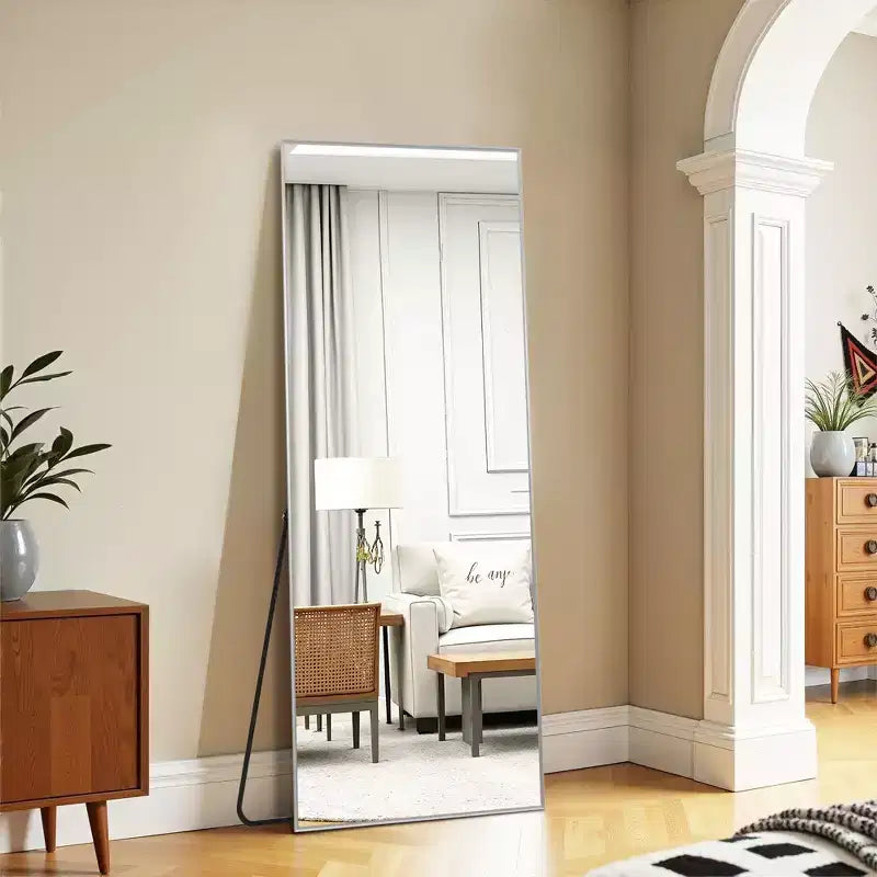 Specchio Rettangolare a Figura Intera con Bordo Sottile Argento in Lega di Alluminio, 163x54x1.5cm (Staffa Inclusa)