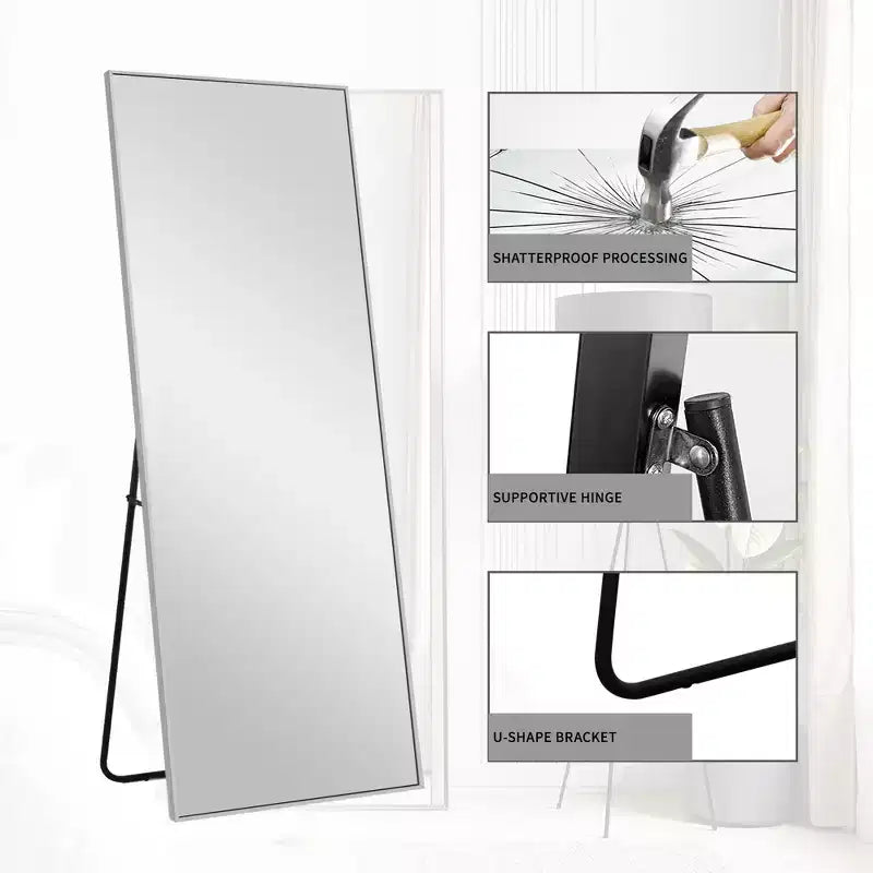 Specchio Rettangolare a Figura Intera con Bordo Sottile Argento in Lega di Alluminio, 163x54x1.5cm (Staffa Inclusa)
