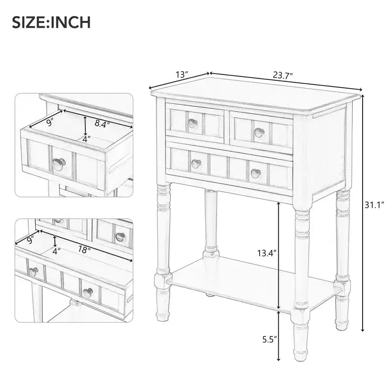 AndMakers Consolle rettangolare in legno da 23,7 pollici con 3 cassetti
