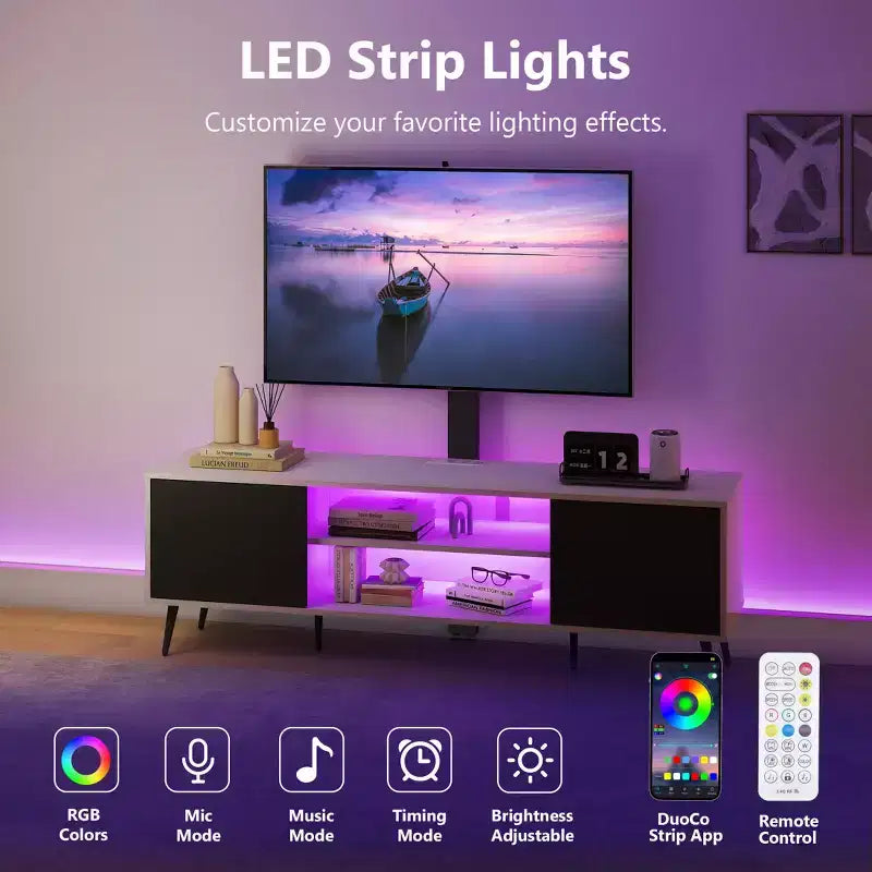 Mobile TV Skyzoo con supporto orientabile per TV da 50/55/65 pollici con luci LED e presa elettrica per soggiorno, regolabile in altezza, bianco