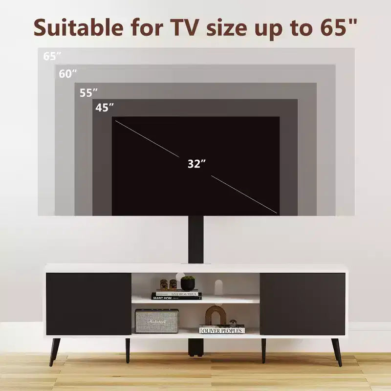 Mobile TV Skyzoo con supporto orientabile per TV da 50/55/65 pollici con luci LED e presa elettrica per soggiorno, regolabile in altezza, bianco
