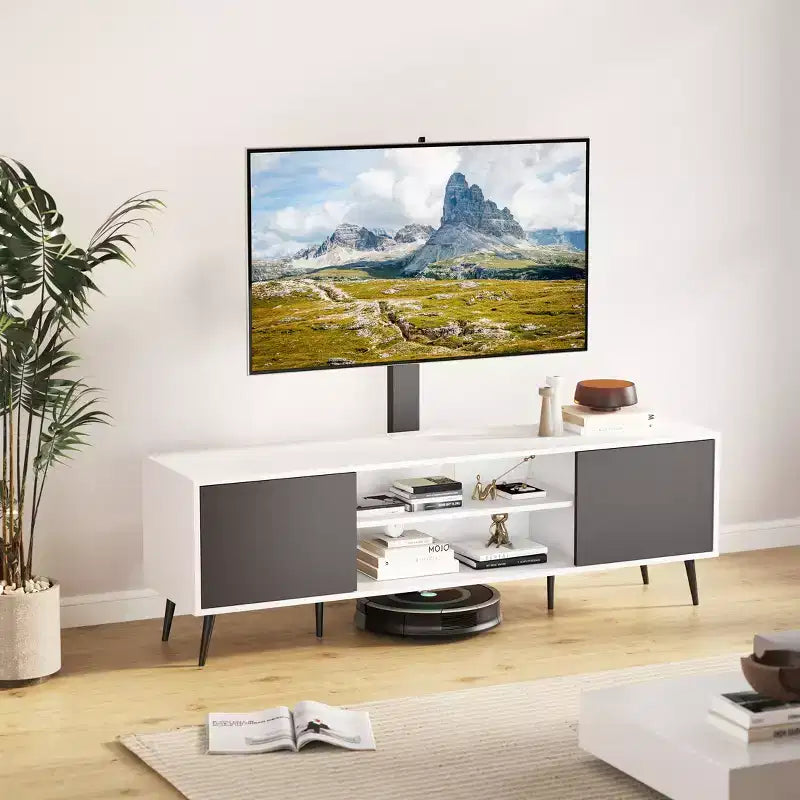 Mobile TV Skyzoo con supporto orientabile per TV da 50/55/65 pollici con luci LED e presa elettrica per soggiorno, regolabile in altezza, bianco