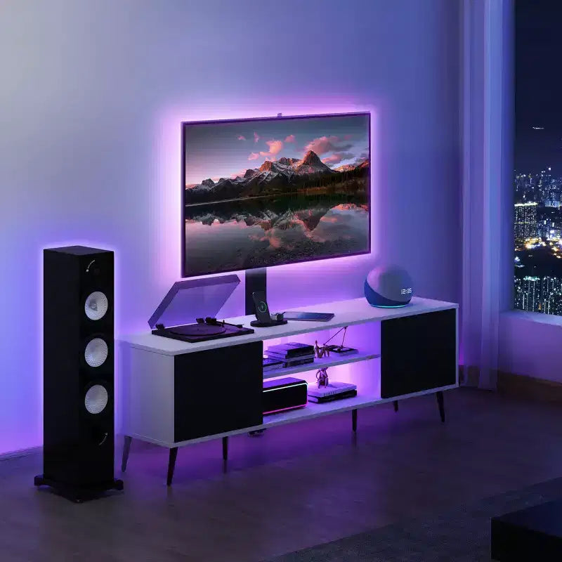 Mobile TV Skyzoo con supporto orientabile per TV da 50/55/65 pollici con luci LED e presa elettrica per soggiorno, regolabile in altezza, bianco