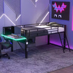 Full/Twin Size Loft Bed, Metal Gaming Bed Frame with Desk, Storage Shelves and LED Light, Black -ModernLuxe