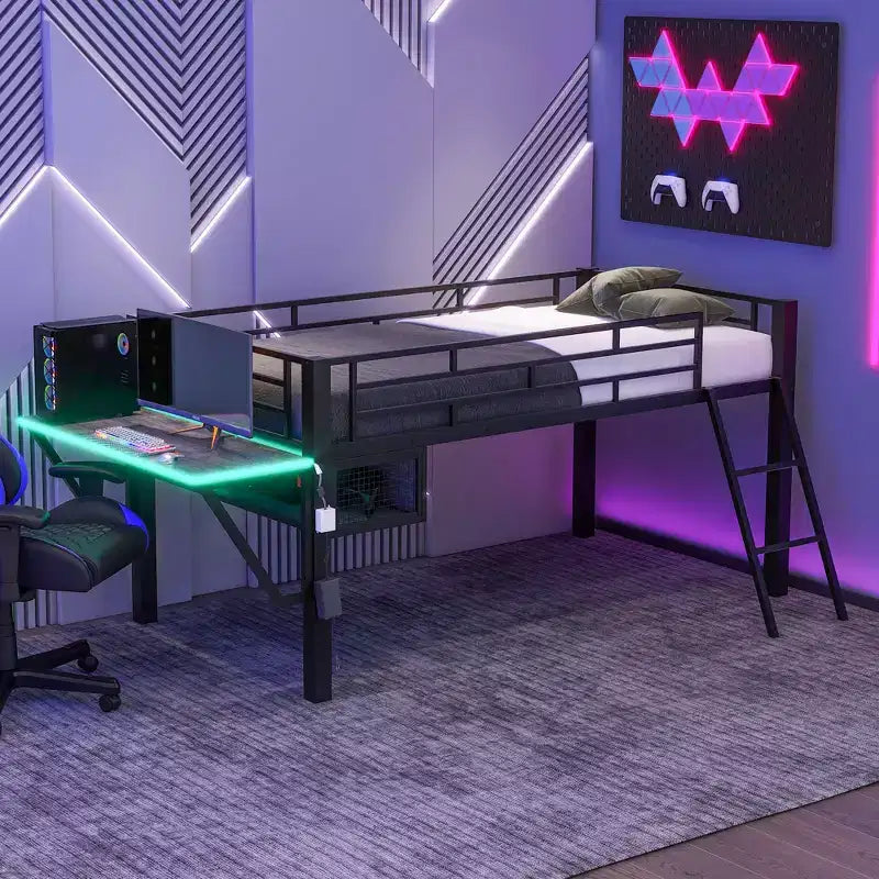 Full/Twin Size Loft Bed, Metal Gaming Bed Frame with Desk, Storage Shelves and LED Light, Black -ModernLuxe