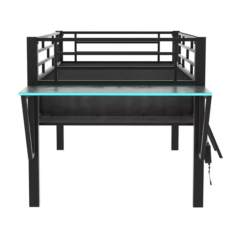 Letto a soppalco Full/Twin Size, struttura in metallo per giochi con scrivania, ripiani e luce LED, nero - ModernLuxe
