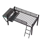Letto a soppalco Full/Twin Size, struttura in metallo per giochi con scrivania, ripiani e luce LED, nero - ModernLuxe