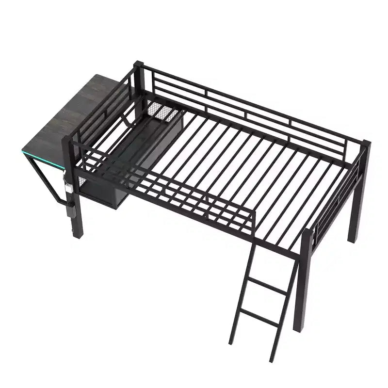 Letto a soppalco Full/Twin Size, struttura in metallo per giochi con scrivania, ripiani e luce LED, nero - ModernLuxe