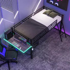 Letto a soppalco Full/Twin Size, struttura in metallo per giochi con scrivania, ripiani e luce LED, nero - ModernLuxe
