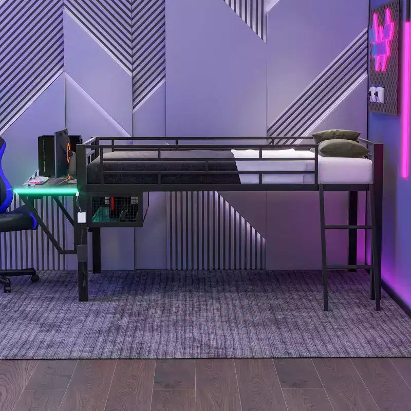 Letto a soppalco Full/Twin Size, struttura in metallo per giochi con scrivania, ripiani e luce LED, nero - ModernLuxe