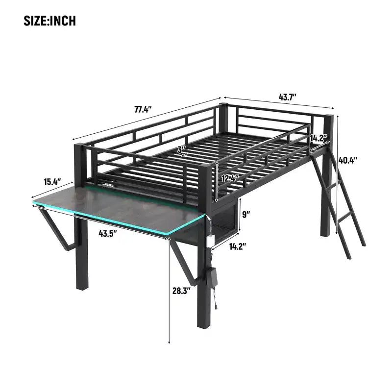 Letto a soppalco Full/Twin Size, struttura in metallo per giochi con scrivania, ripiani e luce LED, nero - ModernLuxe