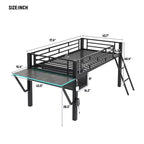 Letto a soppalco Full/Twin Size, struttura in metallo per giochi con scrivania, ripiani e luce LED, nero - ModernLuxe