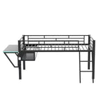 Letto a soppalco Full/Twin Size, struttura in metallo per giochi con scrivania, ripiani e luce LED, nero - ModernLuxe