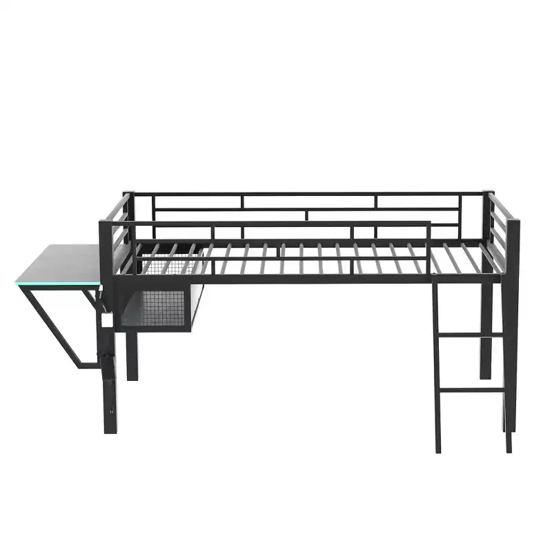 Letto a soppalco Full/Twin Size, struttura in metallo per giochi con scrivania, ripiani e luce LED, nero - ModernLuxe