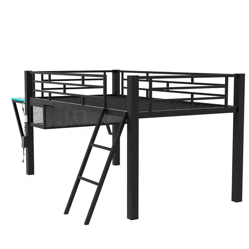 Letto a soppalco Full/Twin Size, struttura in metallo per giochi con scrivania, ripiani e luce LED, nero - ModernLuxe