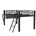 Letto a soppalco Full/Twin Size, struttura in metallo per giochi con scrivania, ripiani e luce LED, nero - ModernLuxe