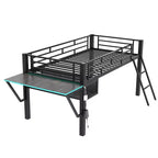 Letto a soppalco Full/Twin Size, struttura in metallo per giochi con scrivania, ripiani e luce LED, nero - ModernLuxe