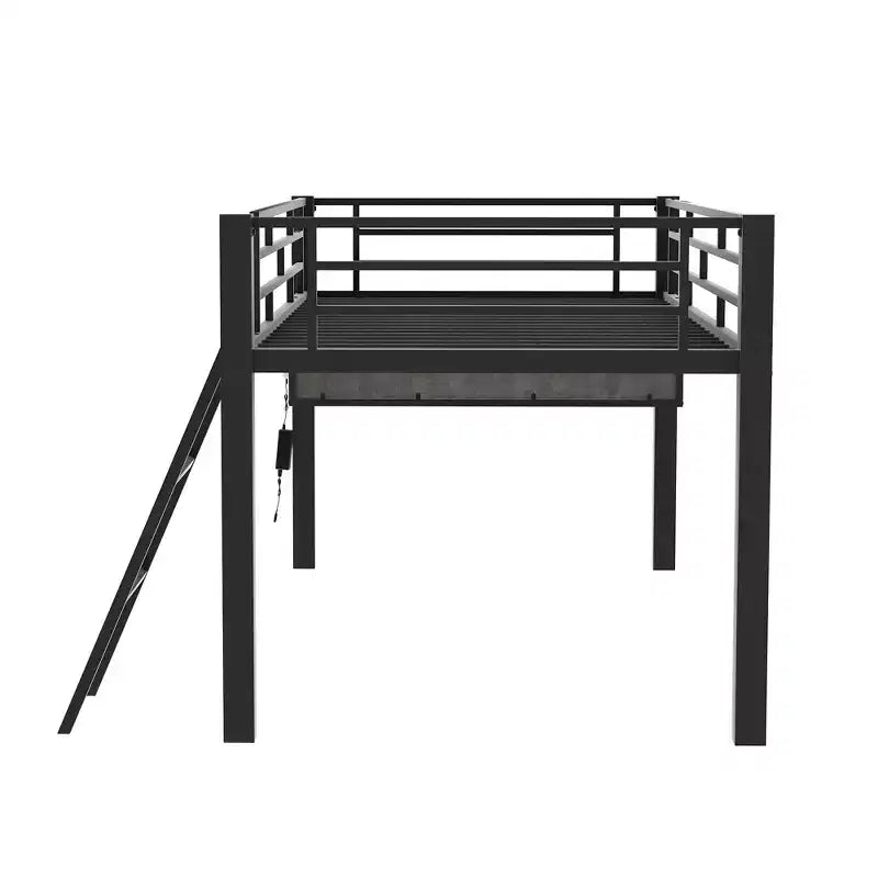 Letto a soppalco Full/Twin Size, struttura in metallo per giochi con scrivania, ripiani e luce LED, nero - ModernLuxe