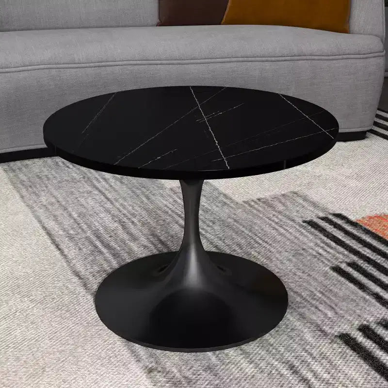 LeisureMod Verve Tavolino Rotondo da Caffè 24" - Piano in Pietra Sinterizzata e Moderna Base a Piedistallo Nera Tavolino d'Appoggio per Soggiorno Contemporaneo